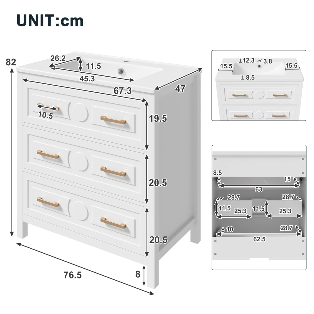 Mobiletto con lavabo in ceramica con 3 cassetti silenziosi in MDF laccato bianco 76.5 × 47 × 82 cm