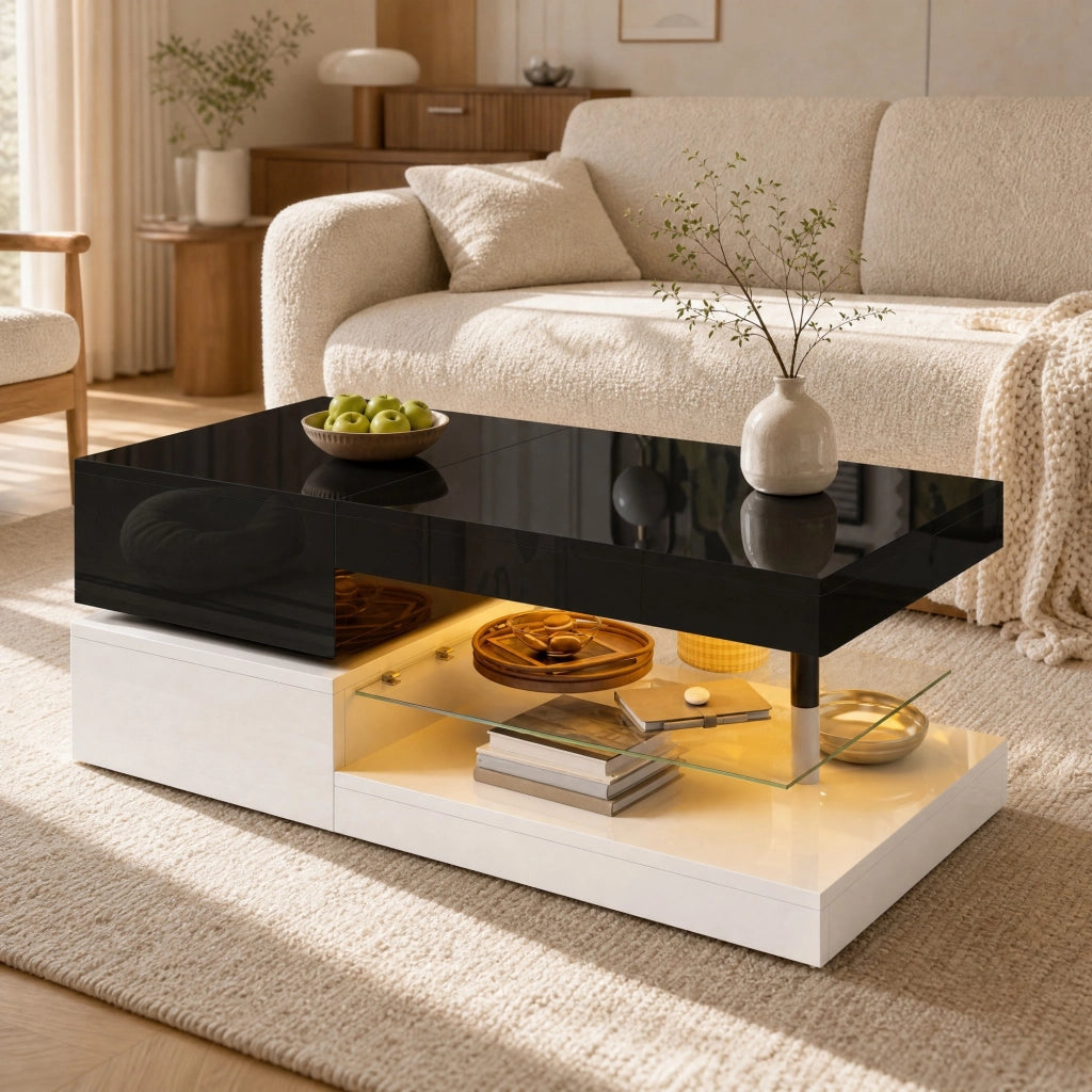 Tavolino basso fisso con LED 16 colori e ripiano in vetro; pannello truciolare nero e bianco 90 × 45 × 35.5 cm