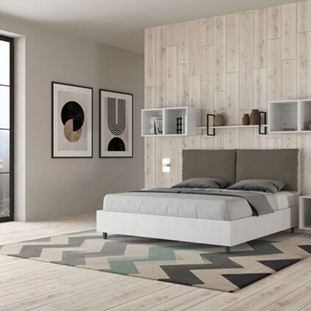 Letto matrimoniale contenitore 160x200 bianco frassino cuscini similpelle cappuccino Egos Antea