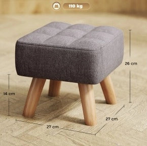 Pouf con Gambe in Legno di Gommello e Rivestimento Effetto Lino, Grigio, 27x27x26 cm