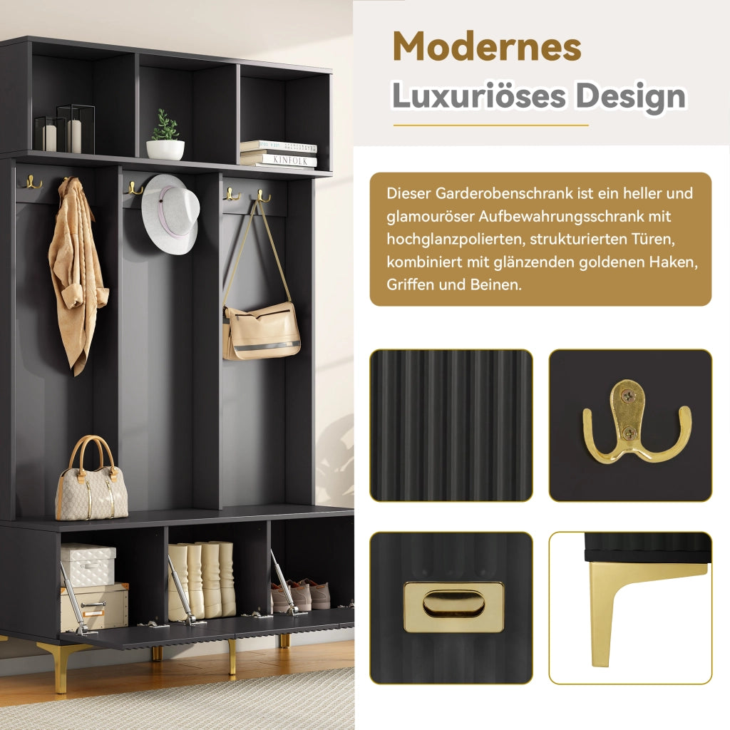 Mobile da ingresso con panca contenitore, 6 ganci dorati e ripiani per scarpe, nero, 120 × 23.5 × 191.5 cm