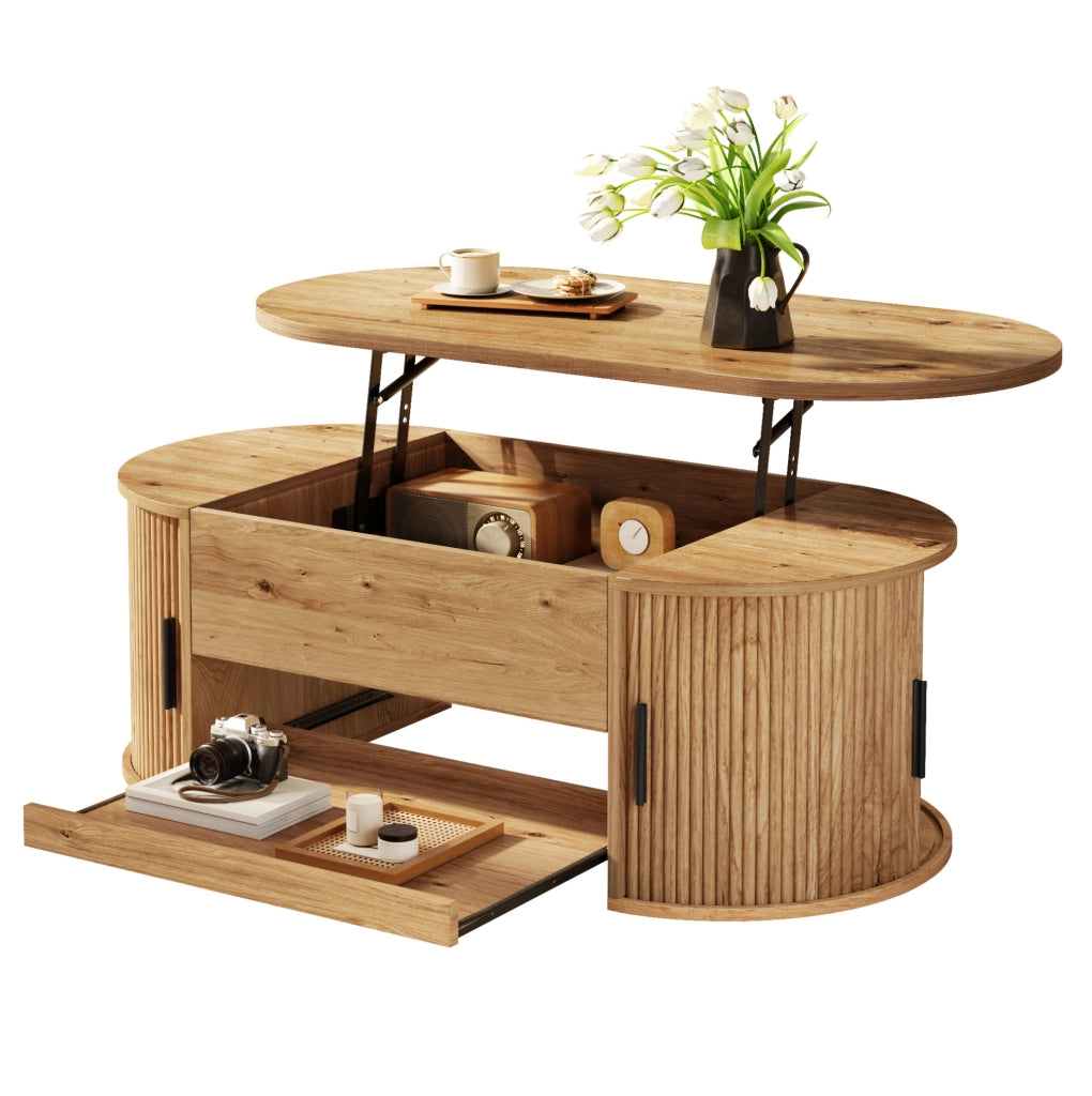 Tavolino da caffè elevabile 110x55x55 cm in MDF naturale con ante scorrevoli