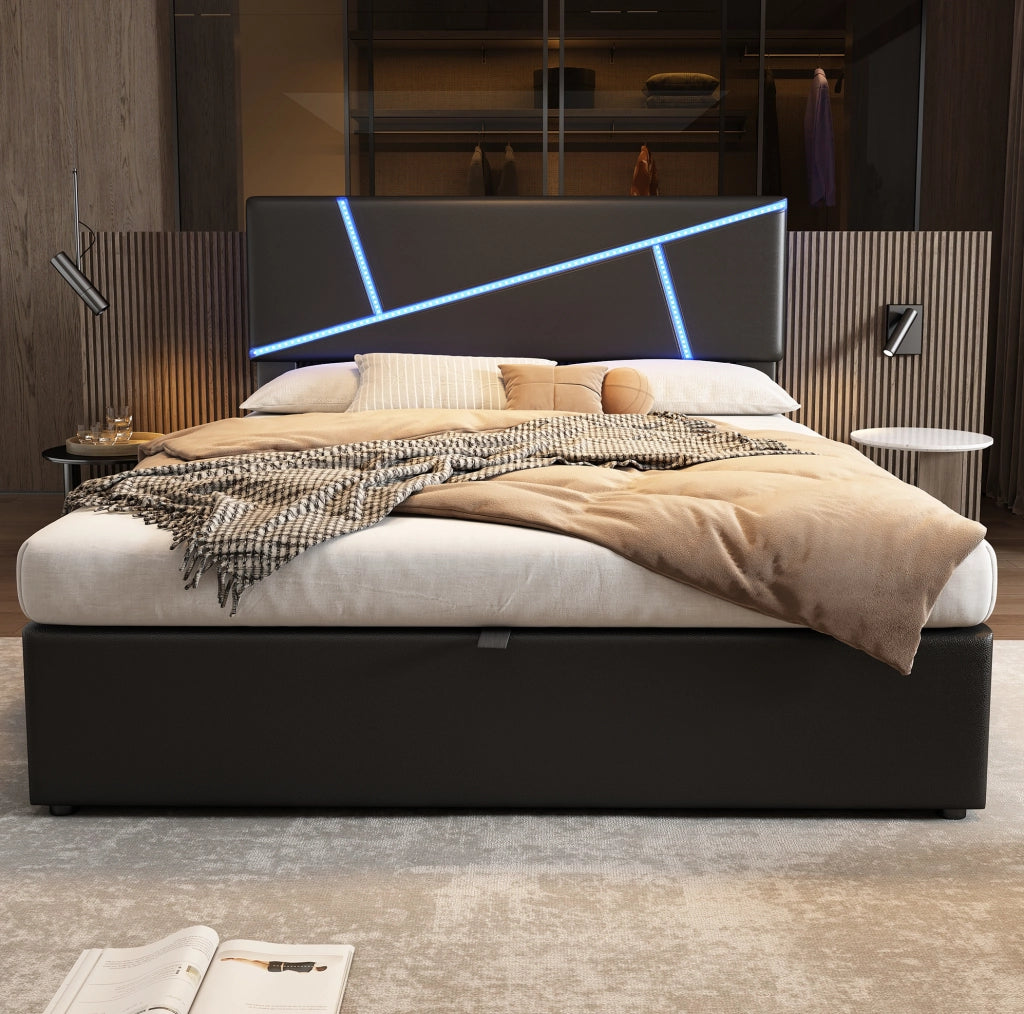 Letto imbottito LED con contenitore e rete a doghe, nero