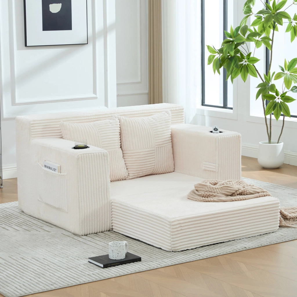 DIVANO Pouf in Velluto a Coste Beige 151x133x64 cm con 2 Cuscini