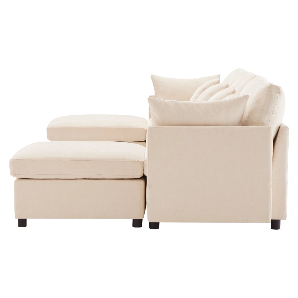 Divano modulare 4-6 posti trasformabile a U e L con 2 pouf e 6 cuscini in tessuto chenille beige, 278 × 161 × 81 cm