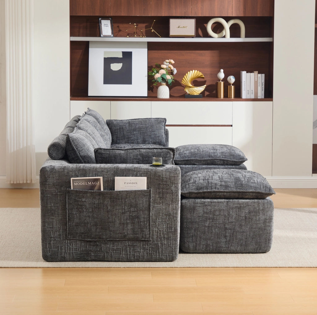 Divano modulare ULEVR 322x161x75 cm in ciniglia grigio scuro con cuscini e tasche laterali