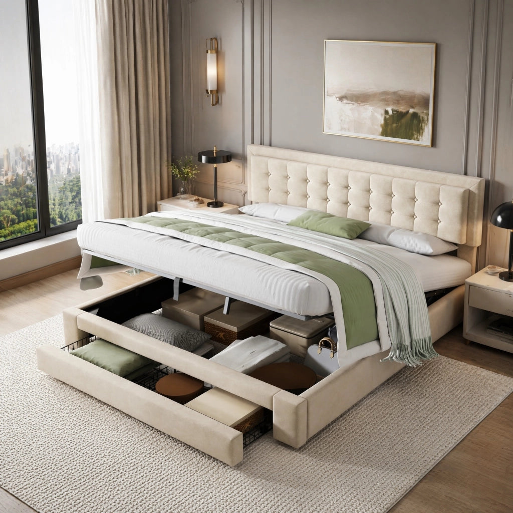 Letto con cassetti 160 × 200 cm con testiera regolabile rivestito in velluto beige