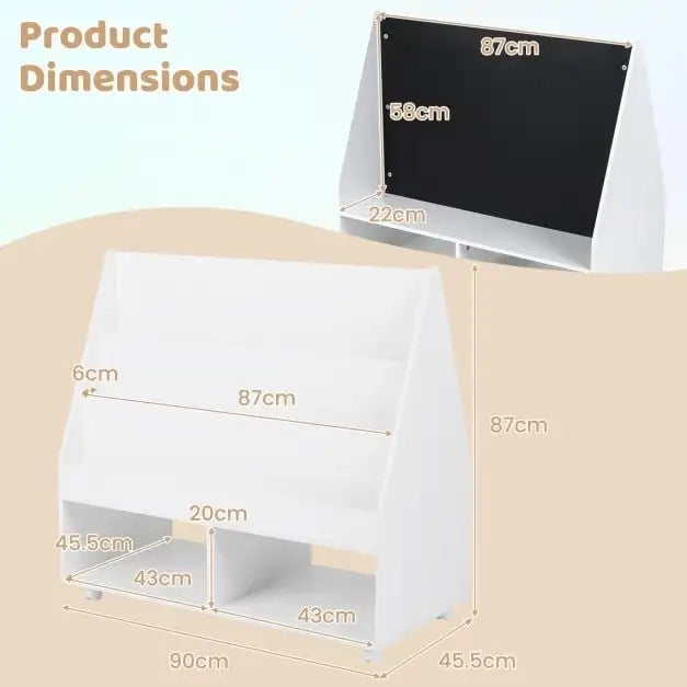Libreria per bambini a doppio lato su ruote con lavagna e cubi aperti in MDF bianco salvaspazio 90 x 45,5 x 87 cm