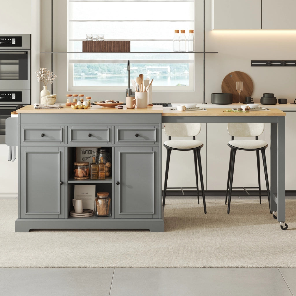 Isola da cucina su ruote con piano estraibile laterale da 112 a 188 cm; portaspezie e cassetti; grigio