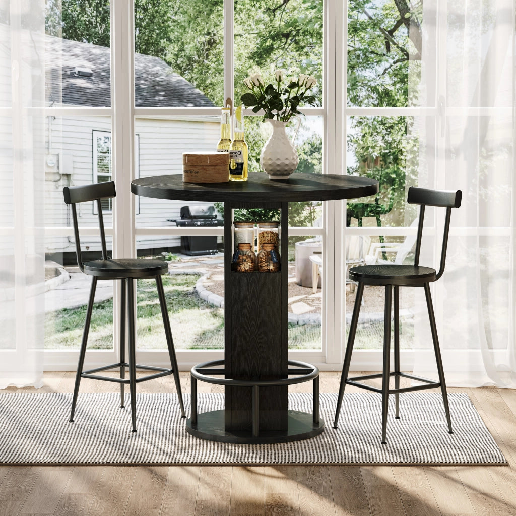 Tavolo da pranzo rotondo con 2 sgabelli e vano contenitore per cucina, in truciolare e acciaio nero, diametro 80 cm