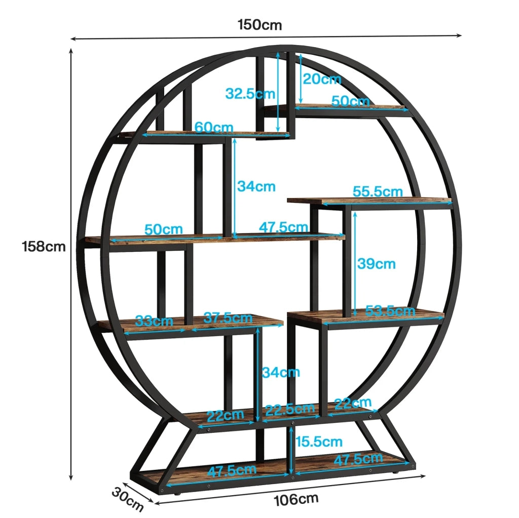 Scaffale Rotondo per Piante con Struttura in Metallo e Ripiani in Truciolato 150x30x158 cm, Design Industriale