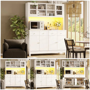 Alta credenza 140x38,5x180 cm, aspetto legno naturale, 2 ante in vetro, 4 cassetti, ripiani regolabili, LED RGB app, portata 100 kg