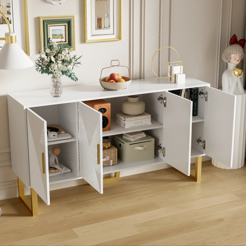 Maderna moderna bianca 150 cm, 4 ante con maniglie dorate, ante strutturate lucide, ripiani regolabili in altezza