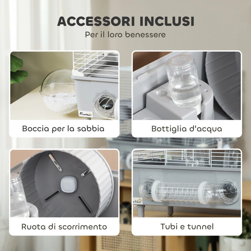 Gabbia per Criceti a 2 Livelli con Ruota ¨C Minimal ¨C Grigio e Bianco 44.5x28x44 cm