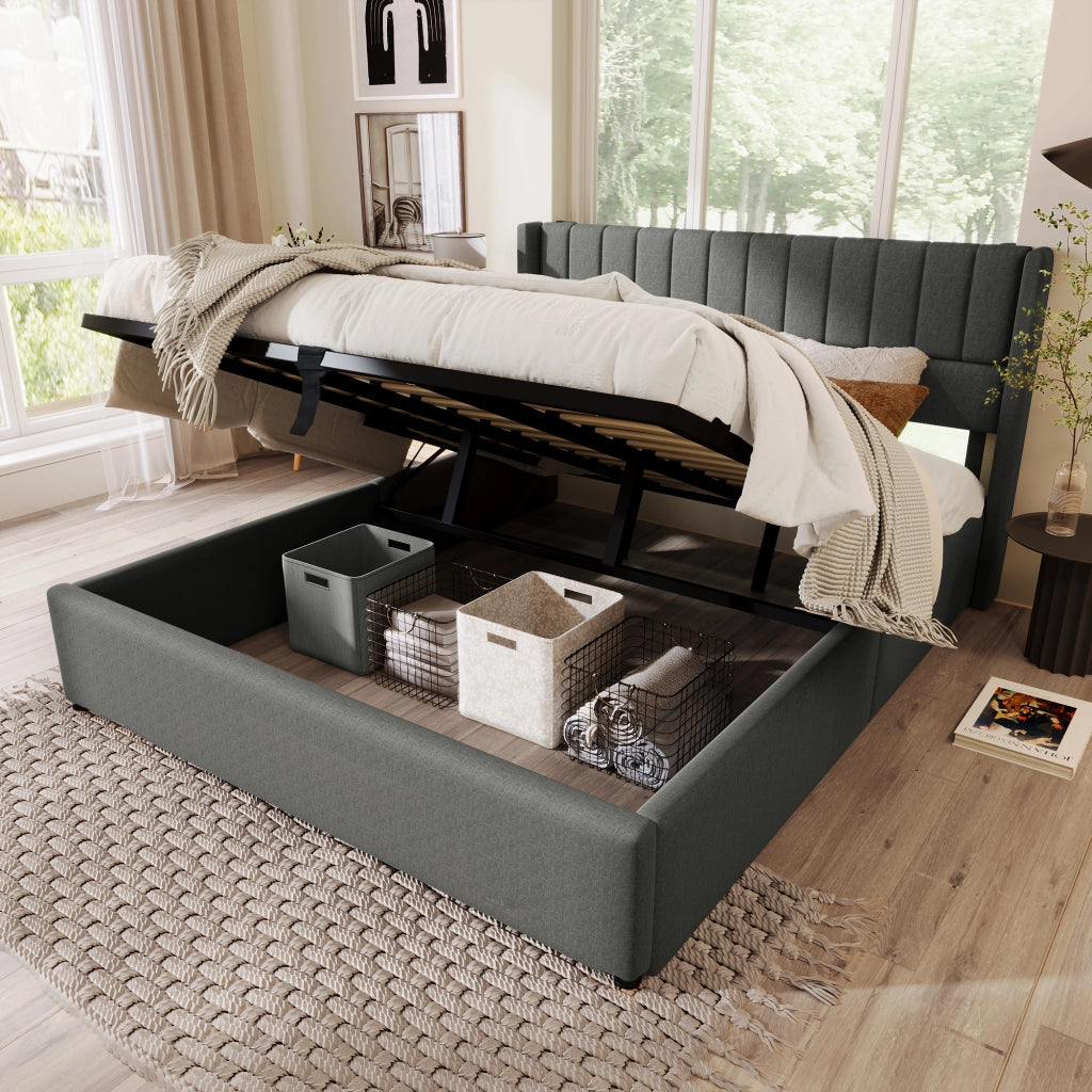 Letto matrimoniale con contenitore 160 × 200 cm idraulico con rete a doghe e testiera imbottita in lino grigio