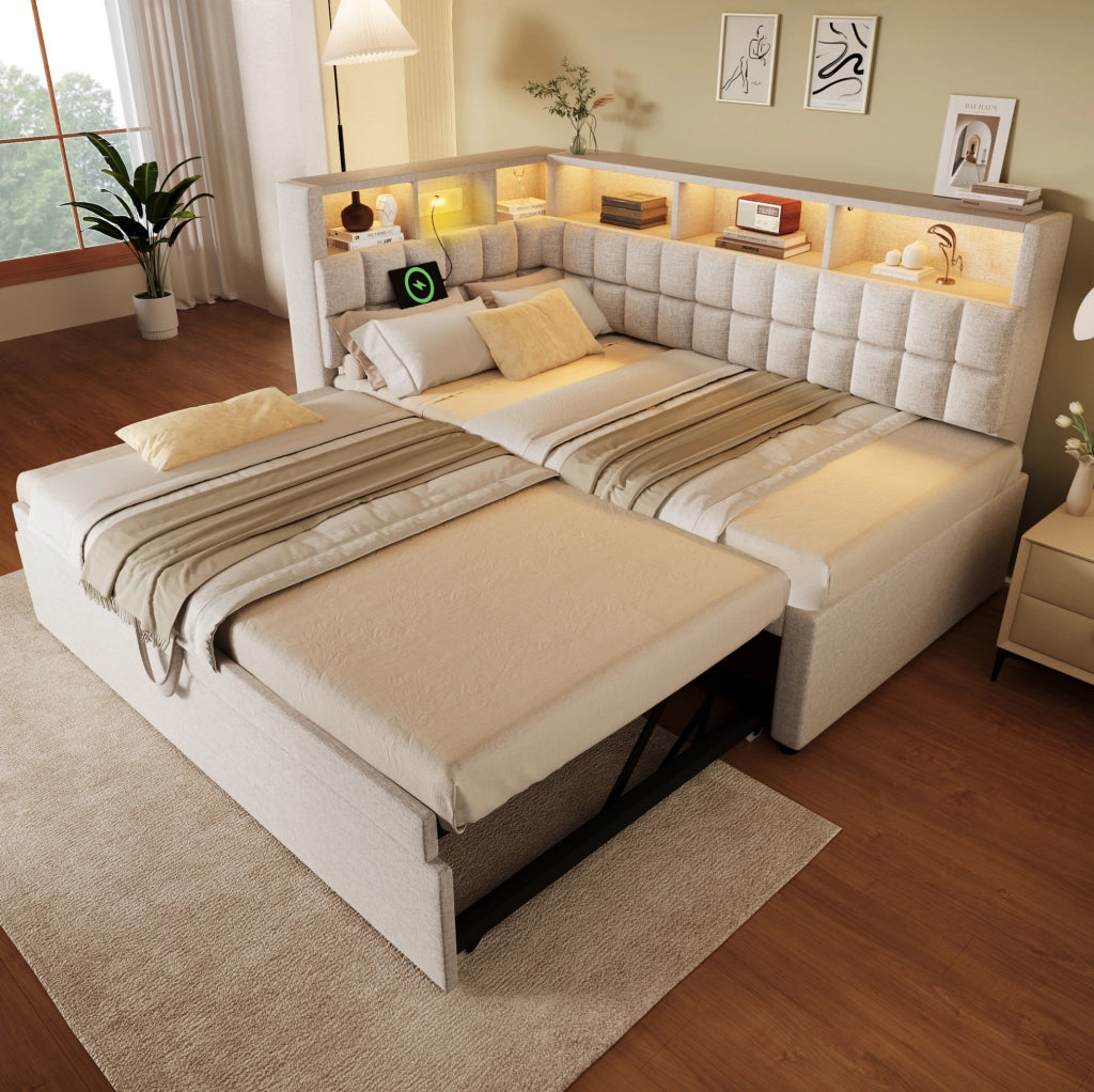 Letto singolo imbottito beige 90x200 con estraibile, LED, Bluetooth e USB-C