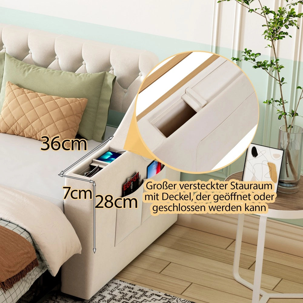 Letto Imbottito con Rete a Doghe e USB ¨C MINIMAL ¨C Velluto Beige 90x190 / 180x190