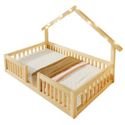 Letto casetta per bambini 90 × 200 cm con barriera di sicurezza e luci LED, senza materasso, legno naturale