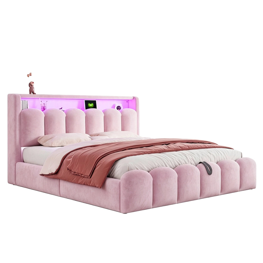 Letto matrimoniale 180 × 200 cm con contenitore idraulico; LED; USB e porta Type-C; senza materasso; rosa