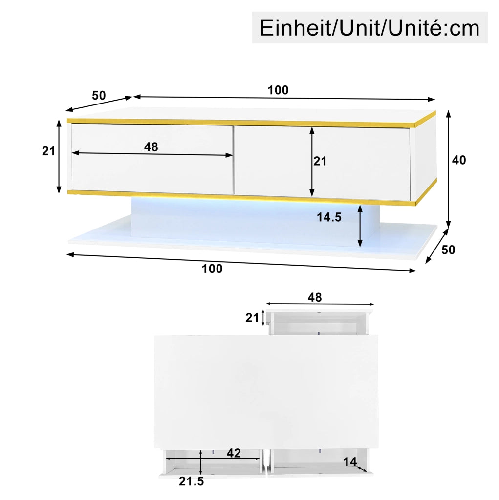 Tavolino da caffè LED 100x50x40 cm con 3 cassetti; bianco lucido e oro