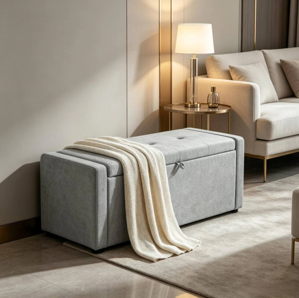 Panca contenitore moderna in lino grigio chiaro 122x48x44 cm per camera da letto