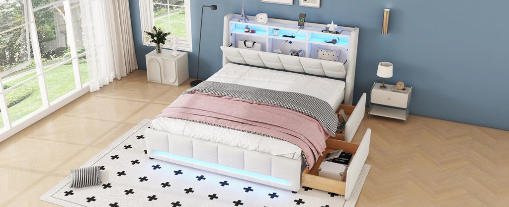 Letto imbottito 140x200 cm con cassetti, luce LED a controllo APP, tessuto lino beige, senza materasso