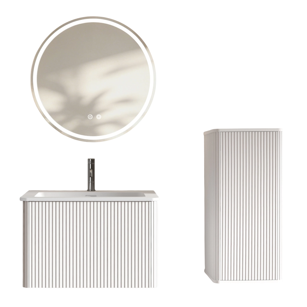 Set mobili bagno sospesi con lavabo e specchio LED in vetro MDF compensato e solid surface bianco