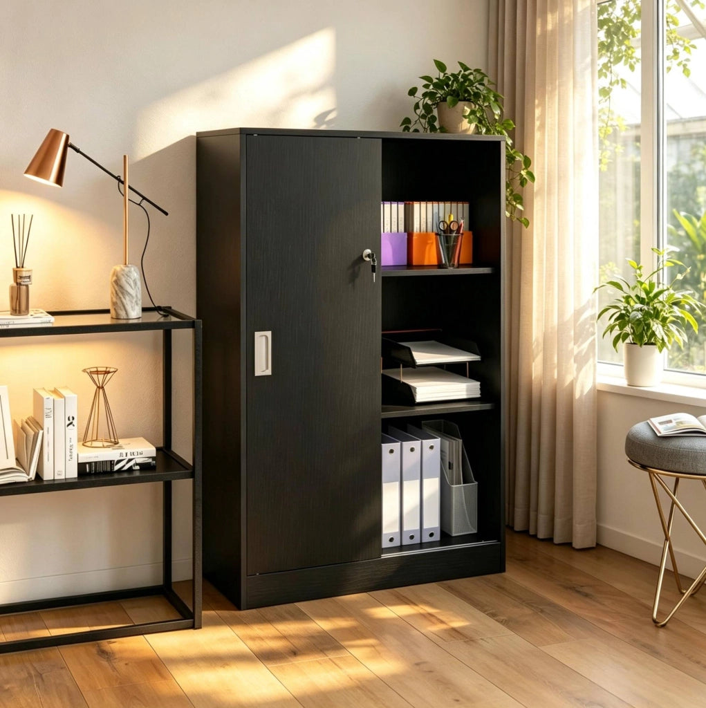 Armadio per documenti nero in truciolato e MDF con 2 ripiani e ante scorrevoli con serratura, 80x40x120 cm