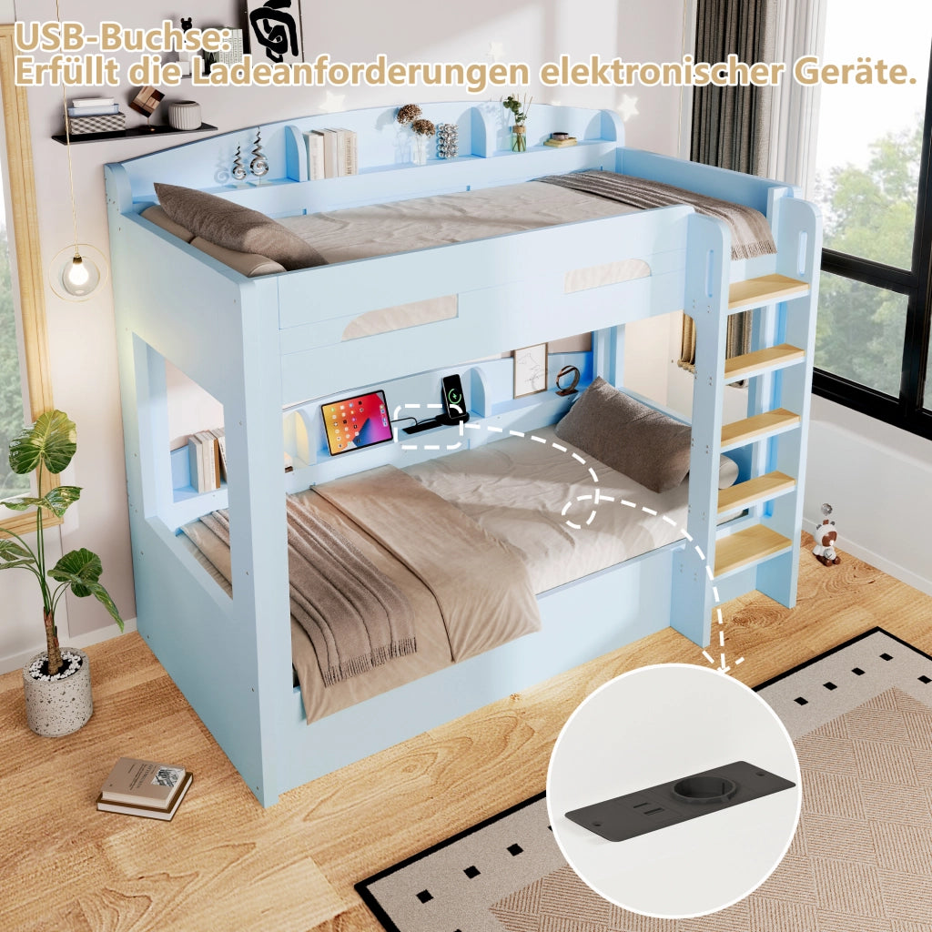 Letto a castello due posti 90 × 200 cm con presa USB e ripiani laterali in legno e MDF blu