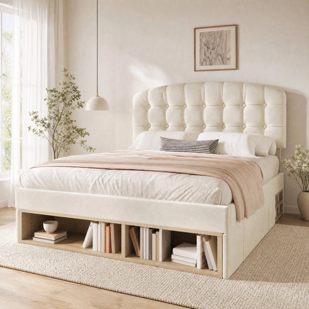 Letto matrimoniale imbottito 140 × 200 cm con rete a doghe testiera regolabile cassetti e vani contenitore beige