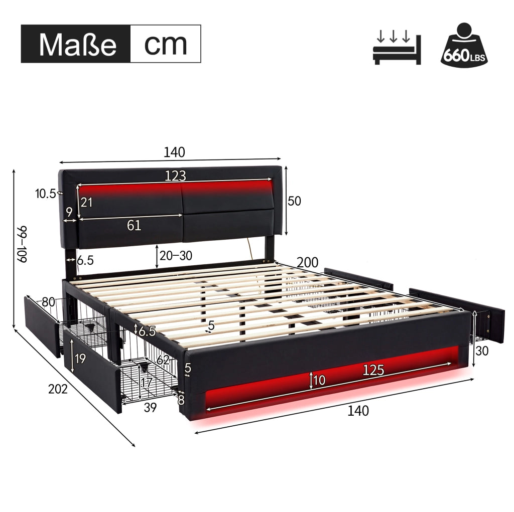 Letto imbottito 140x200 cm con LED, USB e 4 cassetti nero