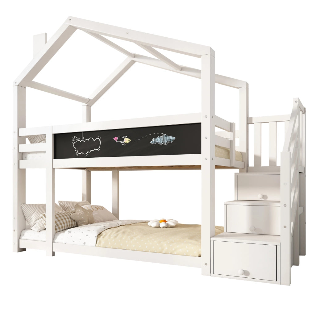 Letto per bambini 90 x 200 cm; letto a castello con camino; contenitore; protezione anticaduta; bianco; pannello e 2 reti a doghe inclusi; bianco