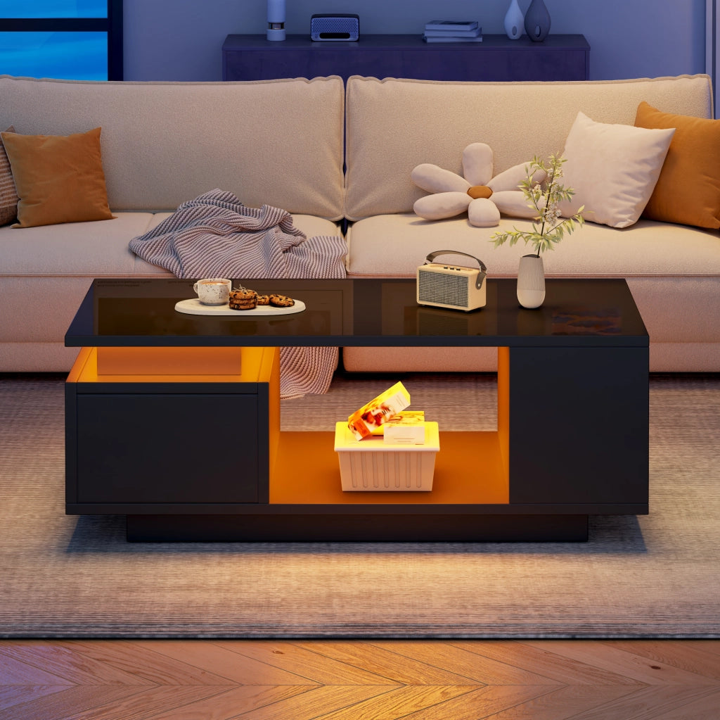 Tavolino da caffè 100x50 cm nero lucido con LED; cassetto e vani laterali HOMVRA