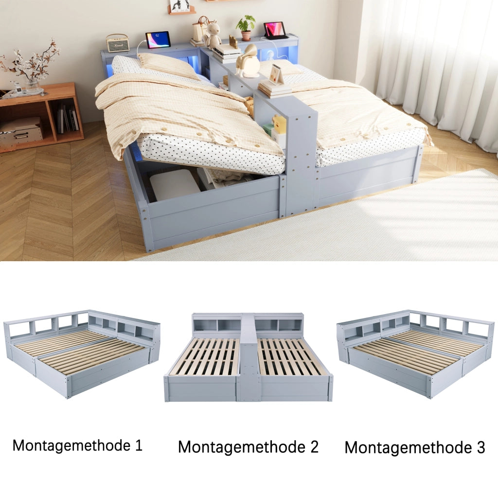 Divano Letto 90/180x200 cm Multifunzione in Legno MDF Grigio con Contenitore Idraulico e LED