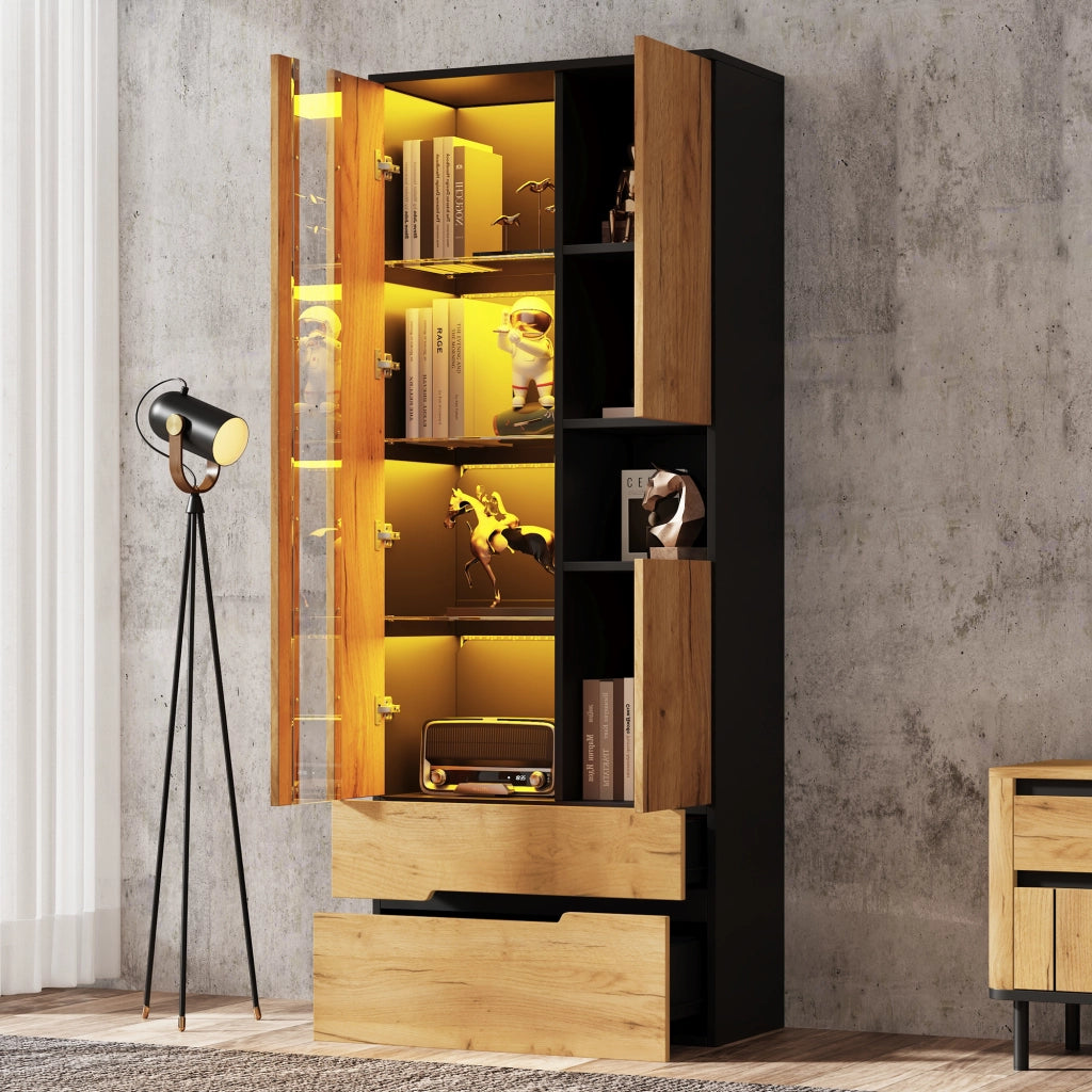 Vetrina con LED, 3 ante, 2 cassetti e vano aperto, per soggiorno, in MDF e vetro, naturale e nero, 70 × 35 × 180 cm