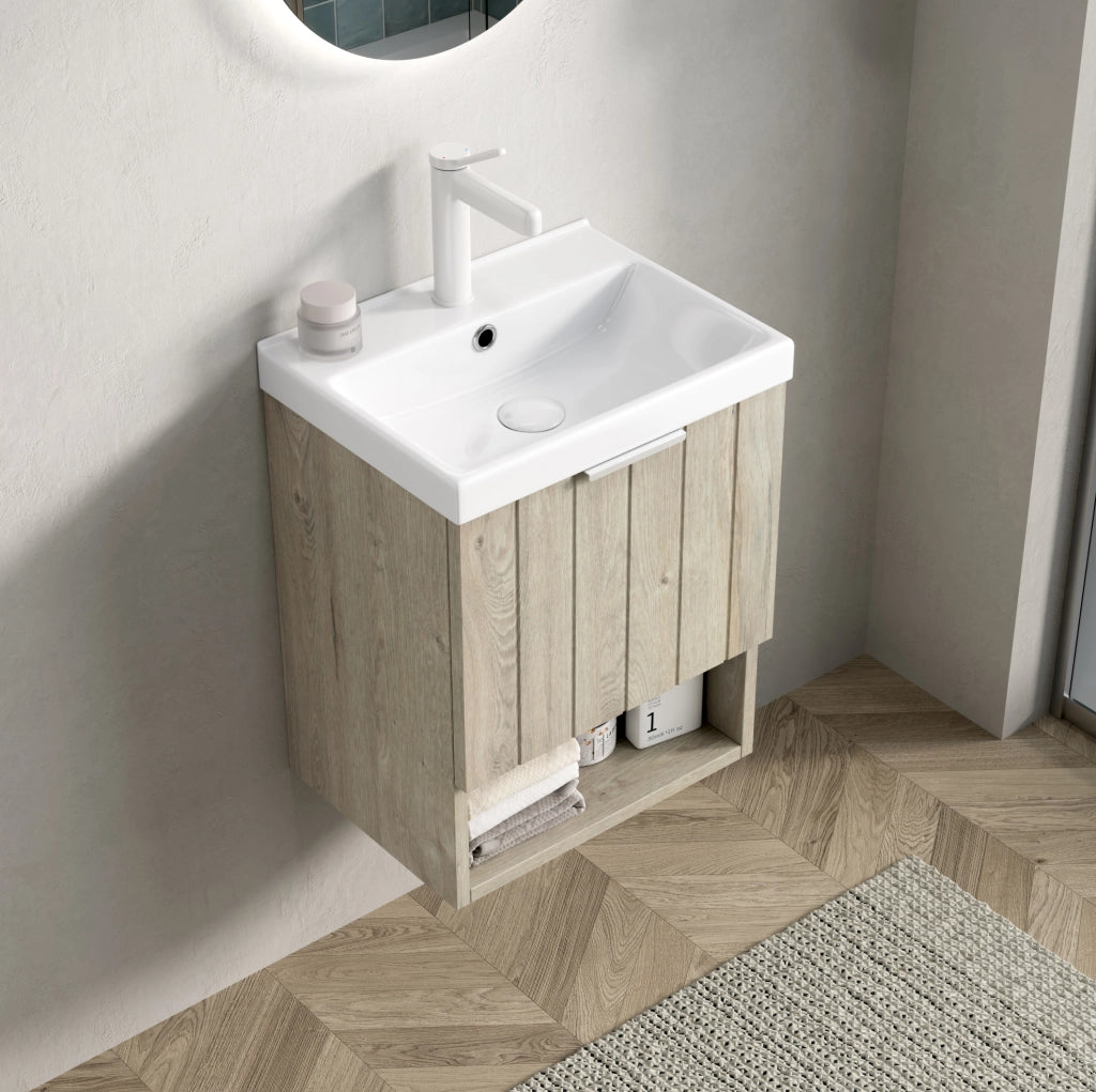 Mobile bagno 42 cm con lavabo in ceramica bianca, armadietto a doppia anta e ripiano aperto finitura rovere crema
