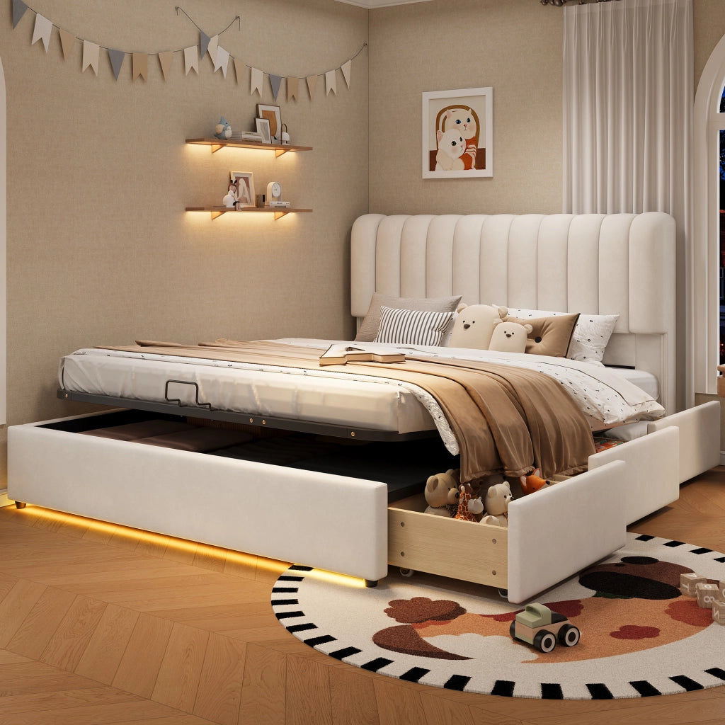 Letto per bambini imbottito 140 × 200 cm con vano contenitore idraulico 3 cassetti velluto beige LED