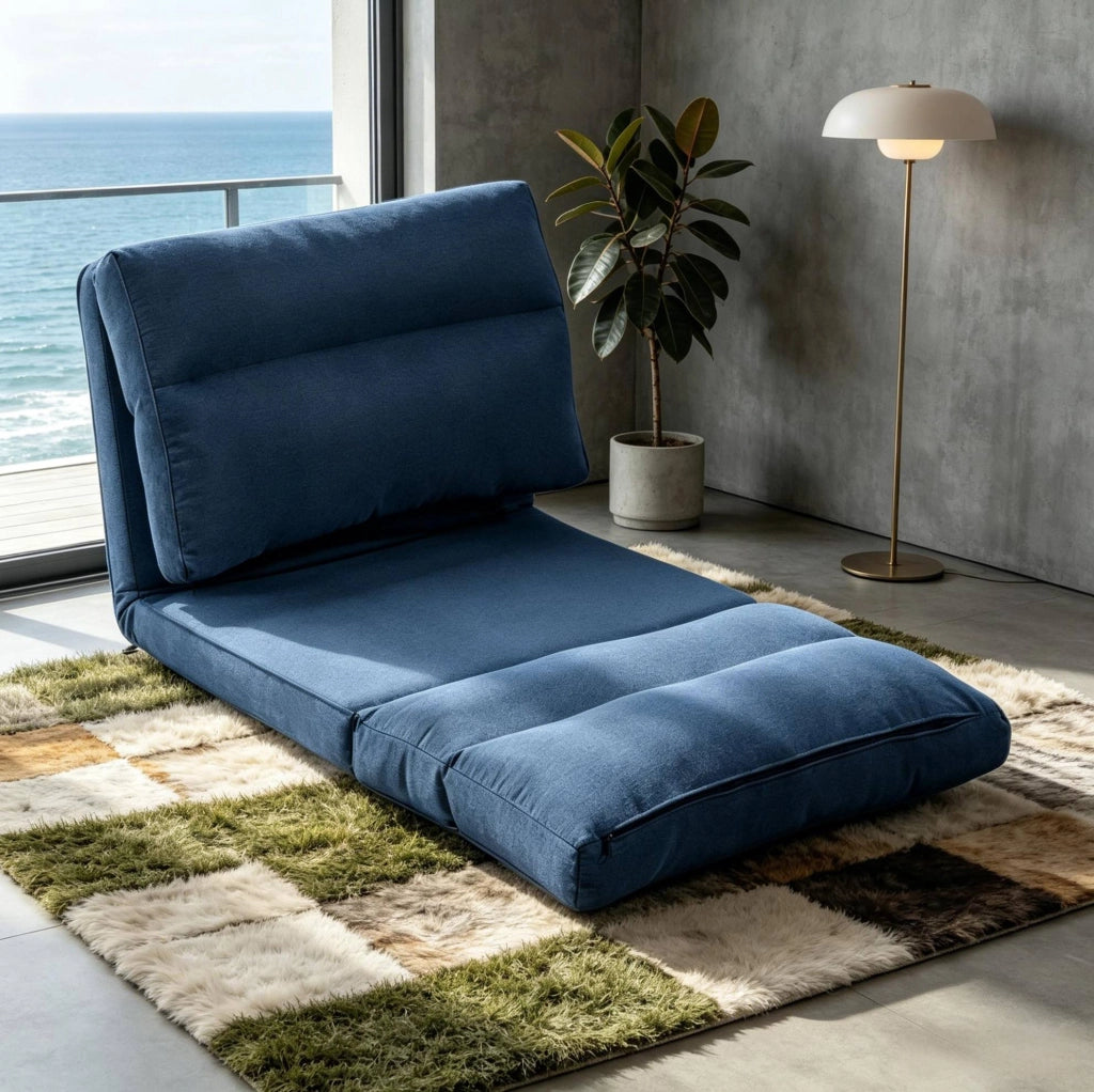 Poltrona da pavimento blu regolabile e trasformabile