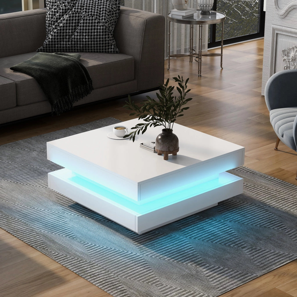 Tavolino da caffè quadrato con illuminazione LED Bluetooth USB; finitura lucida; in pannelli di particelle; bianco; 70 × 70 × 36 cm