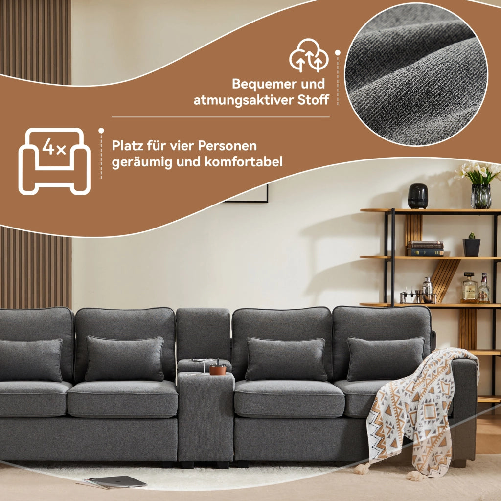 Divano 4 Posti 290 cm con Consolle; 2 Portabicchieri; 2 USB; Tasche Laterali e 4 Cuscini; Grigio Scuro