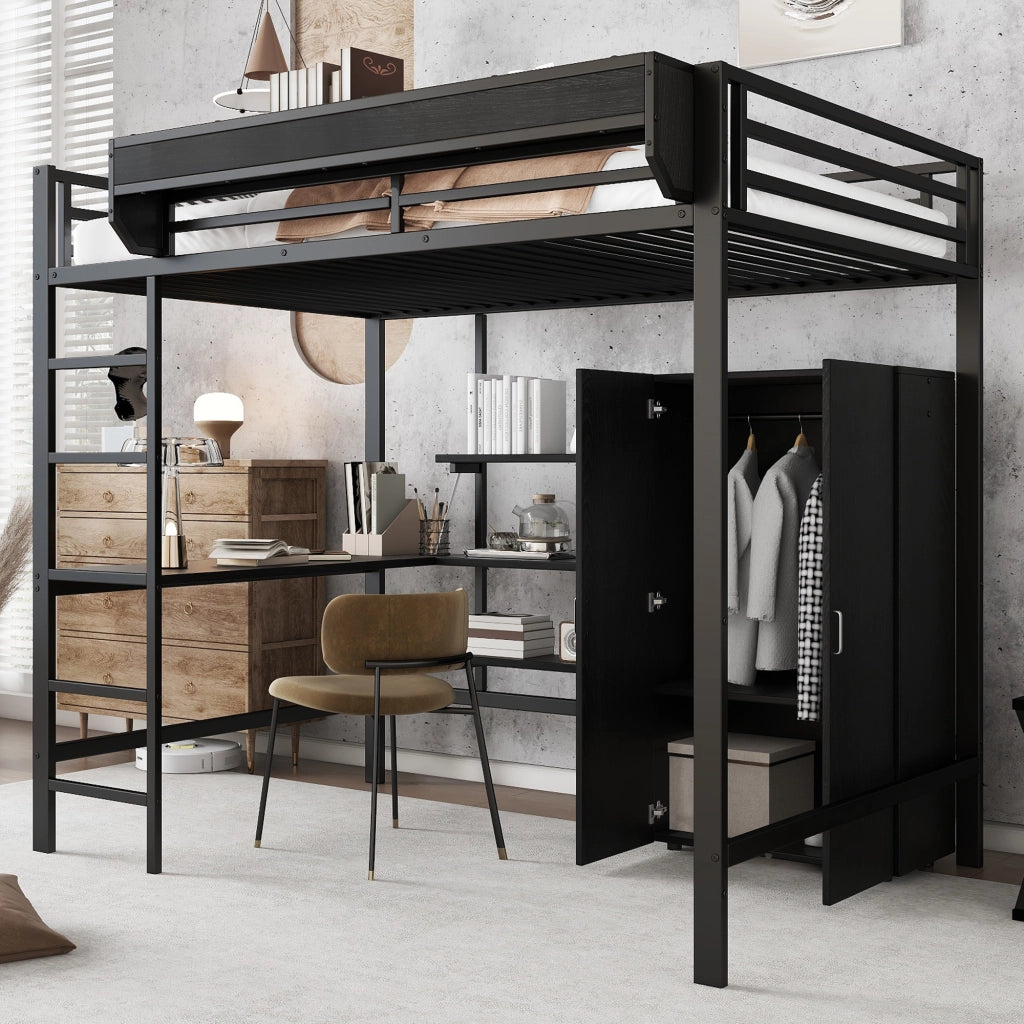 Letto a soppalco per bambini 140 × 200 cm con scrivania, armadio, ripiani e struttura in ferro e MDF nera