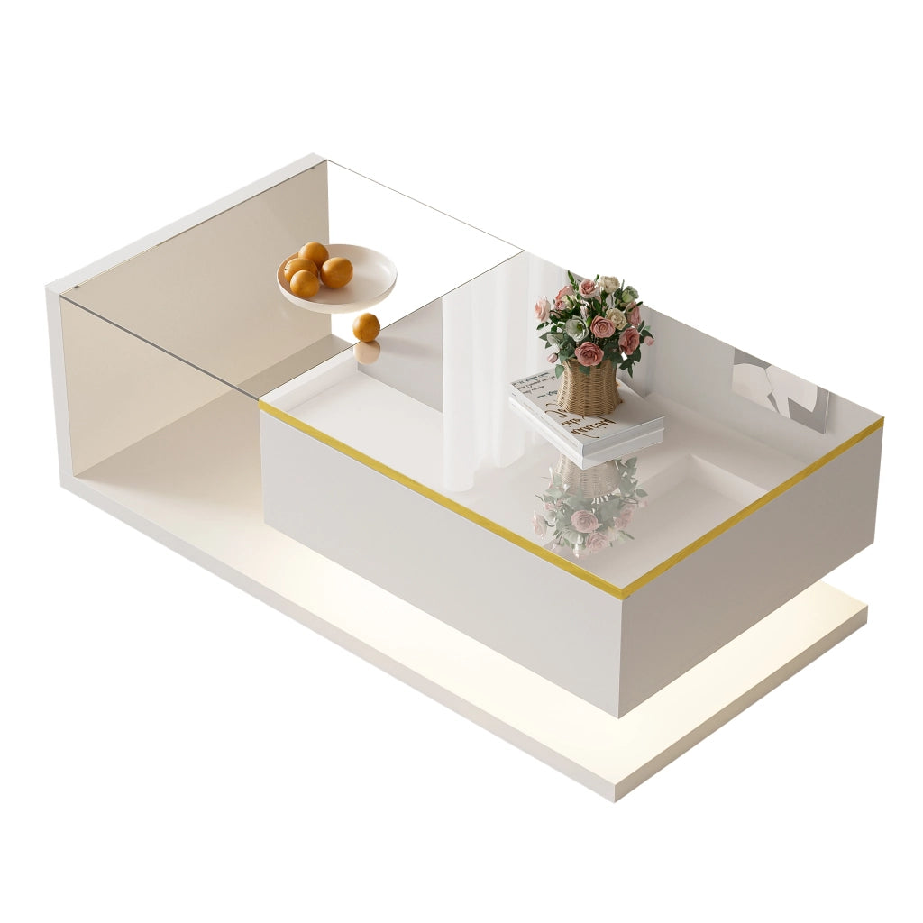 Tavolino basso fisso con vano contenitore e ripiani aperti vetro LED dimmerabile bianco 100 × 50 × 32.5 cm
