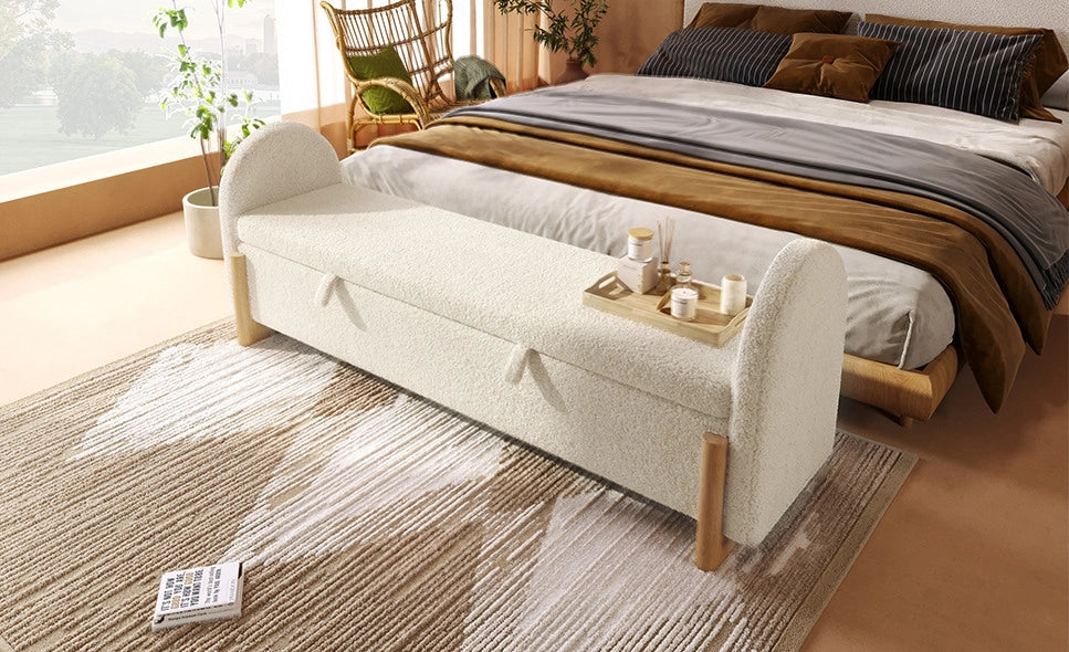 Panca contenitore con chiusura soft, 166x47x61 cm, rivestimento in tessuto bouclé bianco, gambe a U in legno massello di gomma, carico max 150 kg