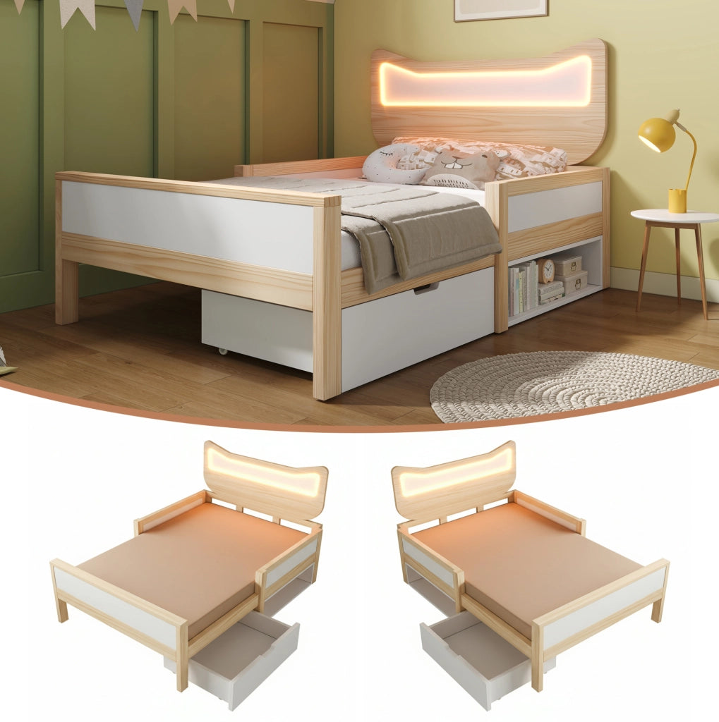 Letto per bambini 90x190 cm con testiera a orecchie di gatto, illuminazione LED RGB, doghe e cassetto flessibile montabile a sinistra o destra, bianco e rovere, senza materasso