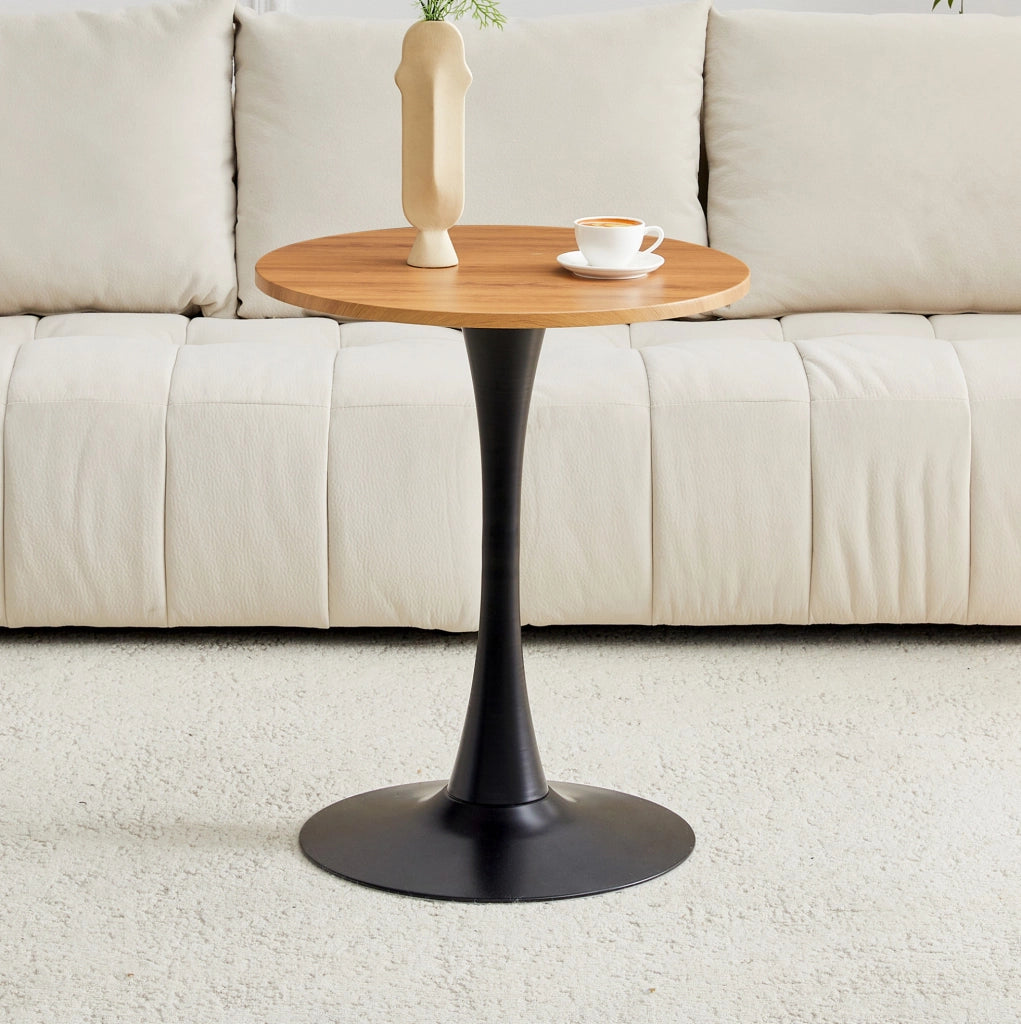 Tavolino tondo MDF 60 cm con piano termoformato effetto legno e base nera