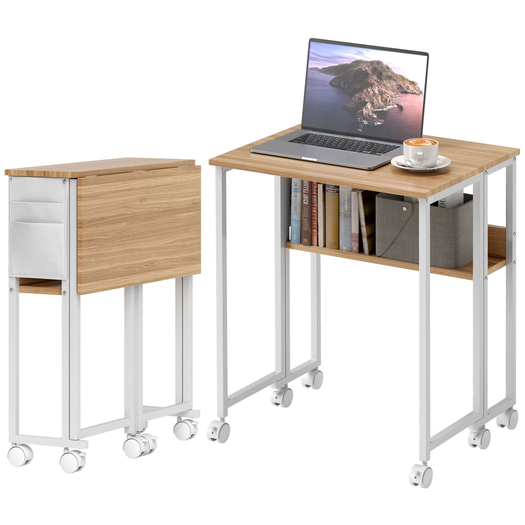 Bureau pliable sur roulettes 63 x 50 cm avec étagère et sac de rangement, bois naturel