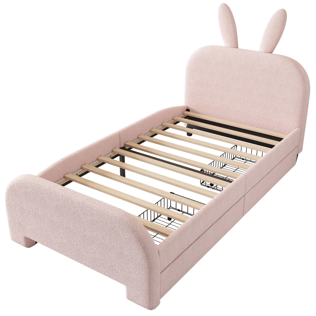 Letto per bambini 90x200 cm imbottito rosa con testiera coniglio e due cassetti