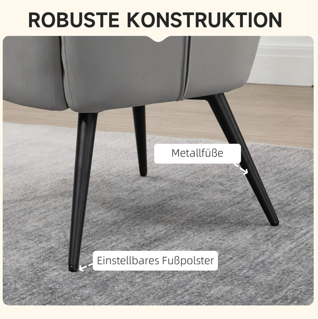 Set Poltrona con Orecchie e Poggiapiedi in Velluto Grigio Chiaro con Struttura in Acciaio, Carico Massimo 120 kg