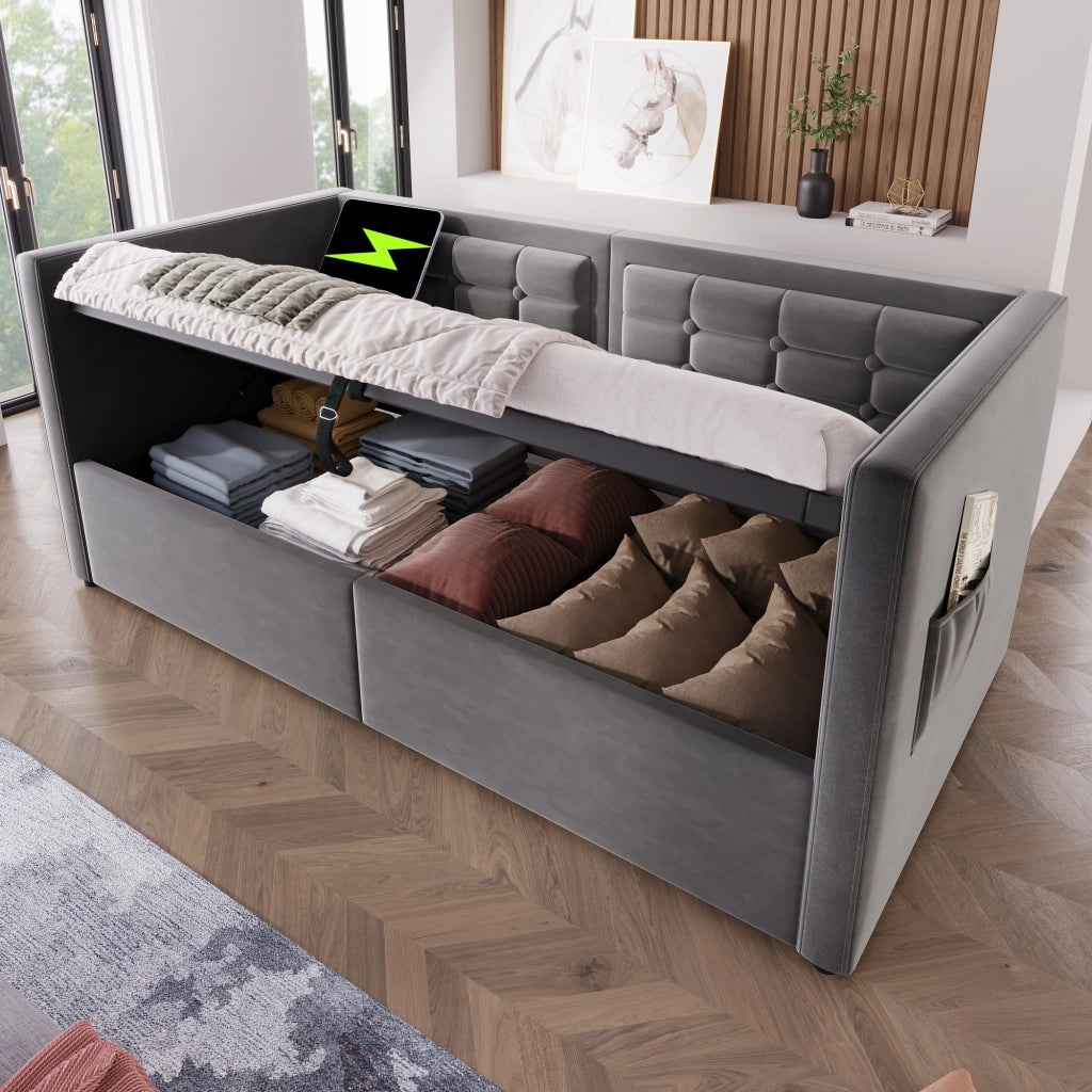 Letto imbottito 90 × 200 cm con contenitore idraulico; ricarica USB e Type-C; velluto grigio; senza materasso