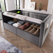 Letto imbottito 90 × 200 cm con contenitore idraulico; ricarica USB e Type-C; velluto grigio; senza materasso
